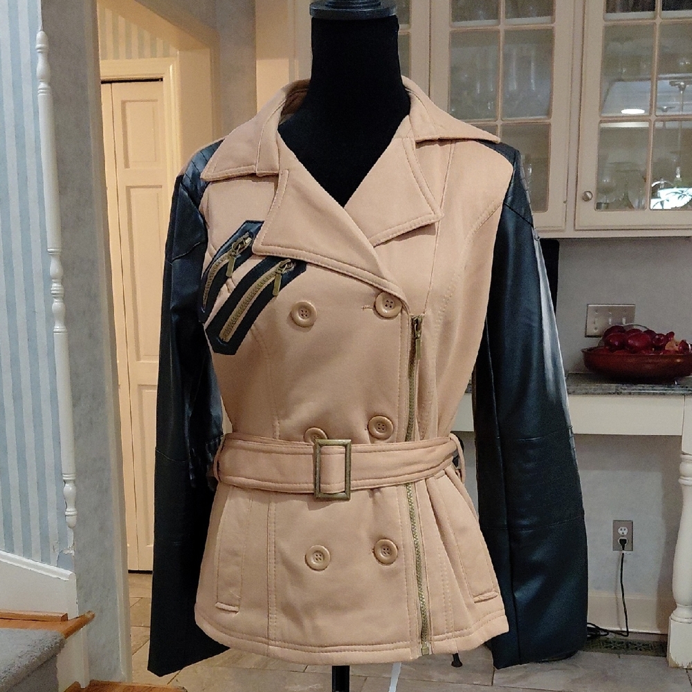 "Yoki" Barely Worn, Sz.S, Tan Polyester and Black Faux Leather Trench Coat. ....